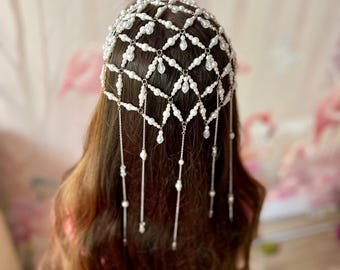 Corona de perlas para el cabello, tiara nupcial vintage, accesorios para el cabello estilo boho para festivales, tocado hijab de cristal