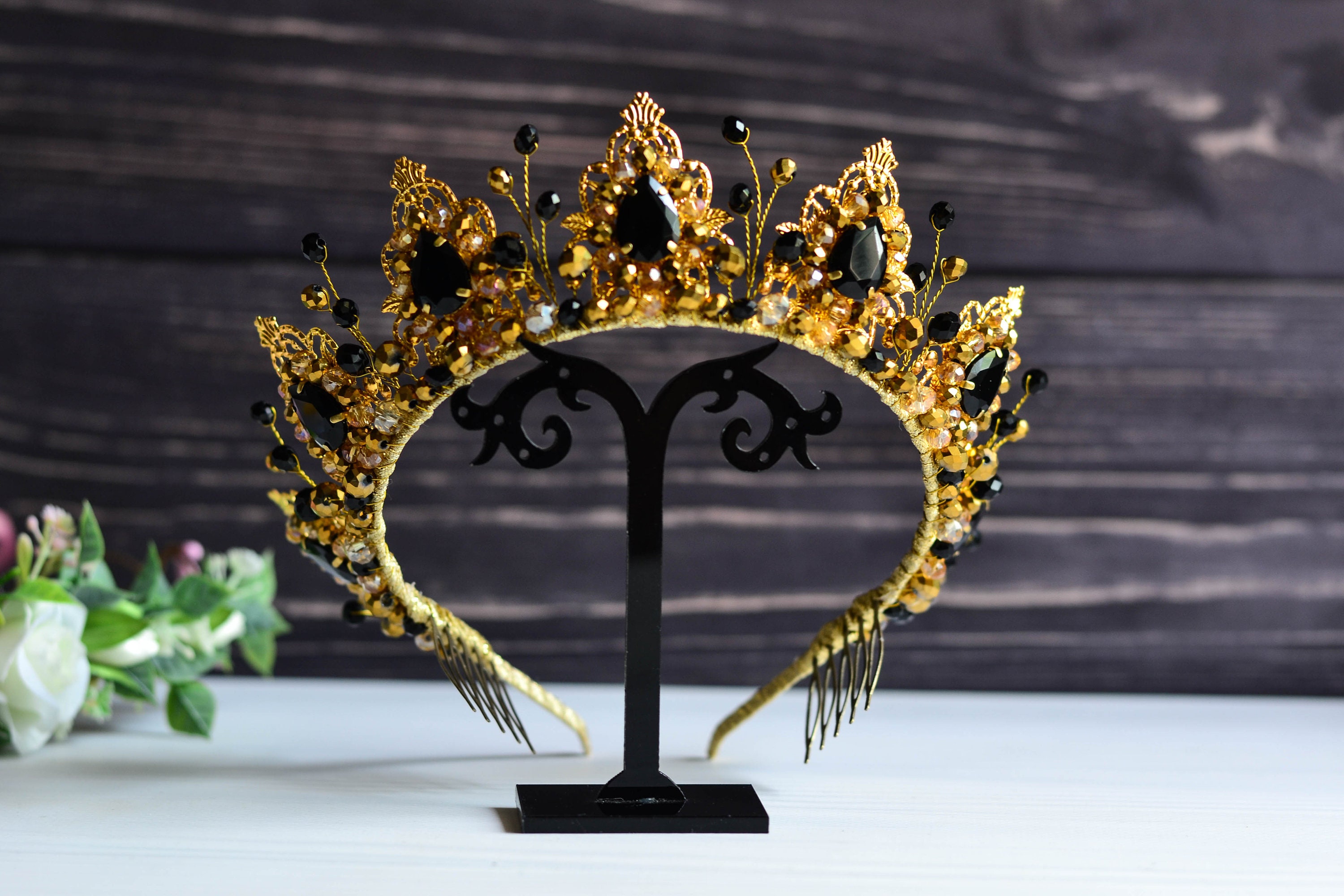 Bridal crown, Crystal crown, Gold crown, Red crown, Black crown, Gold tiara, Wedding Diadem, Royal Crown, Black diadem, Black tiara