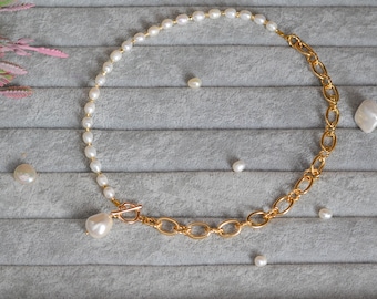 Necklace with natural pearls and a gold-plated chain, wedding necklace, pearl bridal necklace, stylish pearl necklace, choker necklace