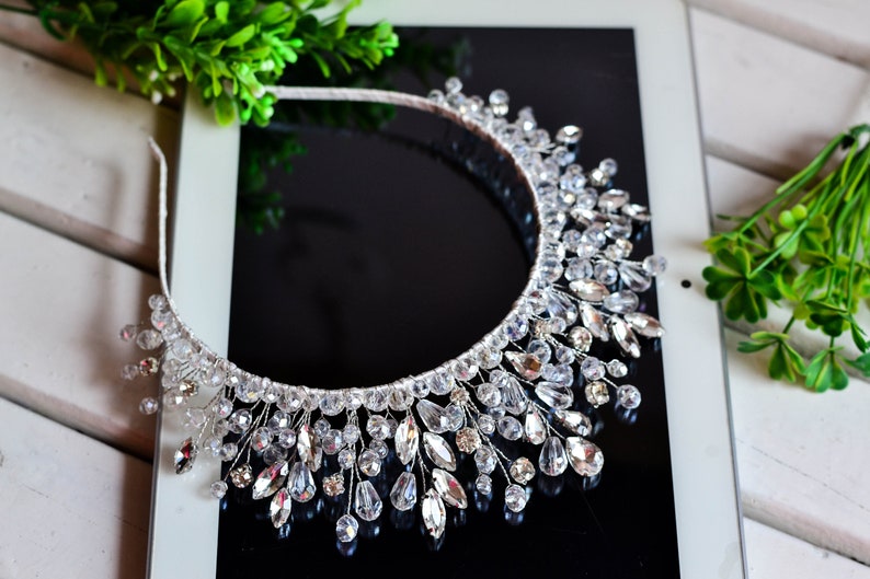 Luxurious wedding tiara made of rhinestones and crystal beads, child crystal tiara, rhinestones bridal tiara, wedding rhinestones crown. image 1