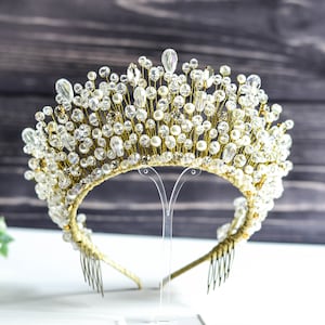 High bridal Crown wiht pearls Wedding high crown Royal Tiara for bridal  Black crown Royal bridal crown  Wedding Diadem Gold crown