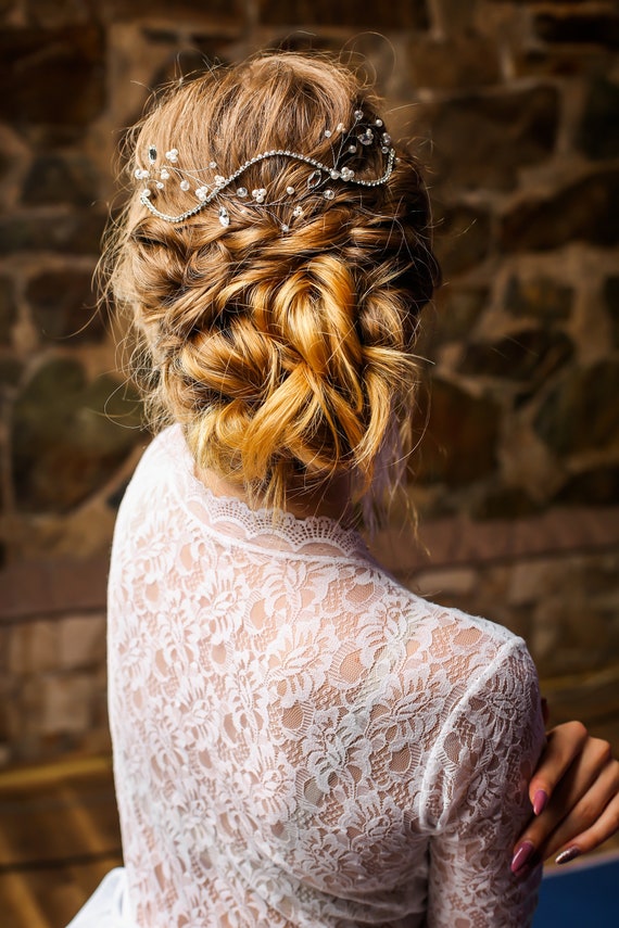 Wedding Hair Vine Accessory with pins Pearl Hair Vine With Gold Leaves and Rhinestone Accents  main image 3