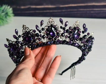 Gothic Wedding Crown, Dark Purple Crystal Tiara, Black Bridal Headpiece, Witchy Wedding Crown, Fantasy Queen Crown