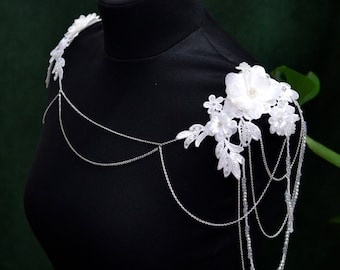 Floral Lace Bridal Shoulder Necklace with Pearl Vines, Black Wedding Jewelry