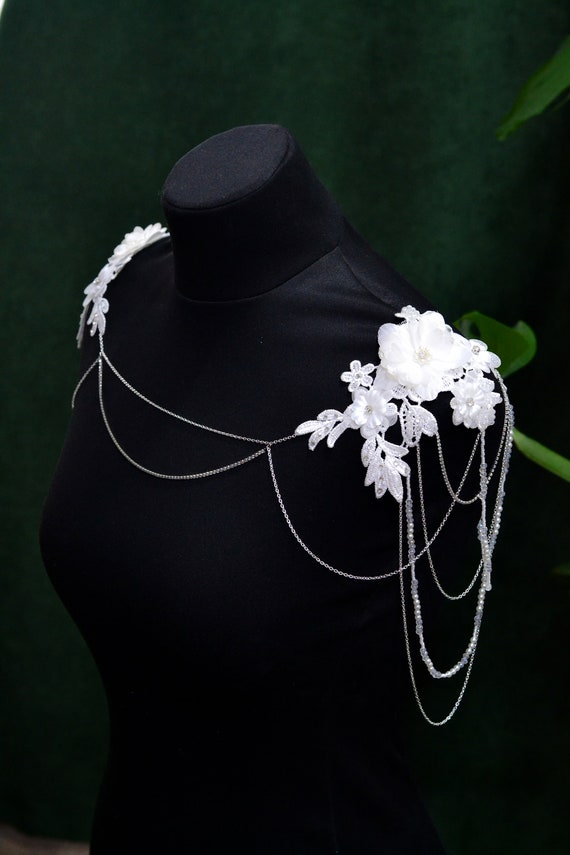 Floral Lace Bridal Shoulder Necklace with Pearl Vines, Black Wedding Jewelry