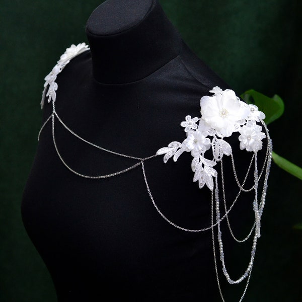 Delicate shoulder necklace for bridal with flowers and long pearls vine Black wedding necklace Black bridal jewelry