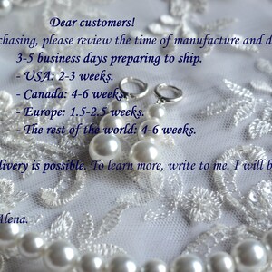 May include: A close-up of a pearl necklace and earrings on a white lace background. The text reads: "Dear customers! Before purchasing, please review the time of manufacture and delivery. 3-5 business days preparing to ship. - USA: 2-3 weeks. - Canada: 4-6 weeks. - Europe: 1.5-2.5 weeks. The rest of the world: 4-6 weeks. Express delivery is possible. To learn more, write to me. I will be happy to help you :) Sincerely, Alena."