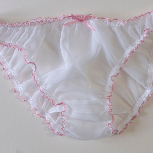 Sheer Chiffon Briefs or Thong Sexy panties SEE THROUGH White with Pink Lingerie