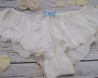 Bride Wedding Silky Satin Briefs French Knickers bridal lingerie in Ivory or White with 'something blue' ribbon bows