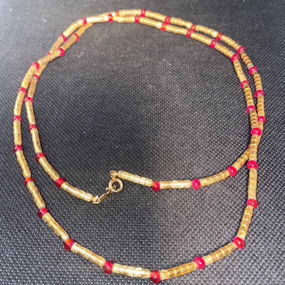 Vogue Necklace Gold Tone Red Beads Beaded Vintage… - image 1