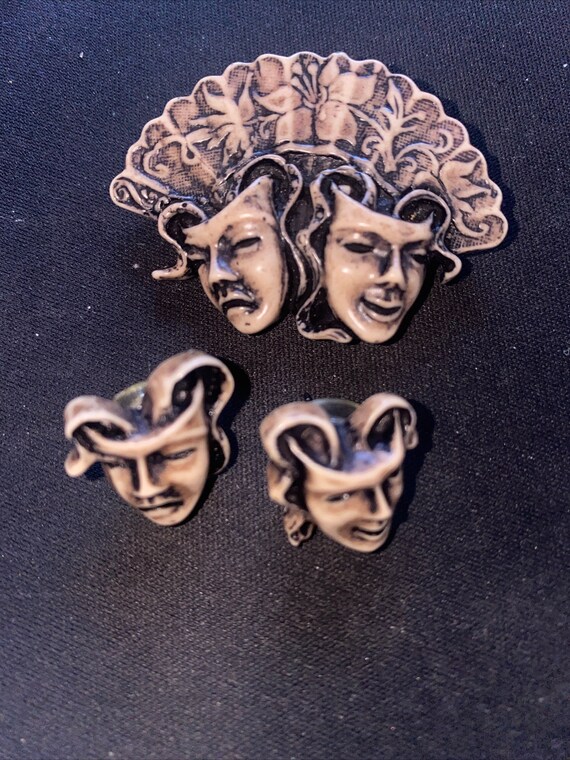 Theatre Celluloid Brooch Pin Set Earrings Mask Fa… - image 1