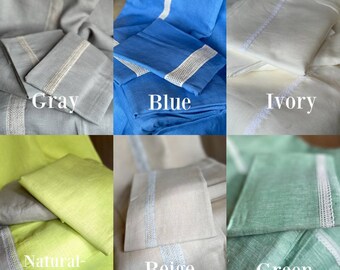 Parure de draps grand lit en lin naturel gris ivoire bleu vert beige 1 drap plat 1 drap-housse 2 taies d'oreiller