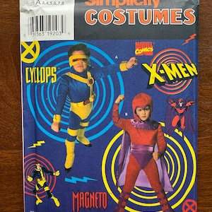 May include: A Simplicity Costumes sewing pattern envelope, number 7251, for Marvel Comics X-Men characters Cyclops and Magneto. The front features illustrations of children wearing the costumes, with blue and yellow Cyclops gear and red Magneto attire.