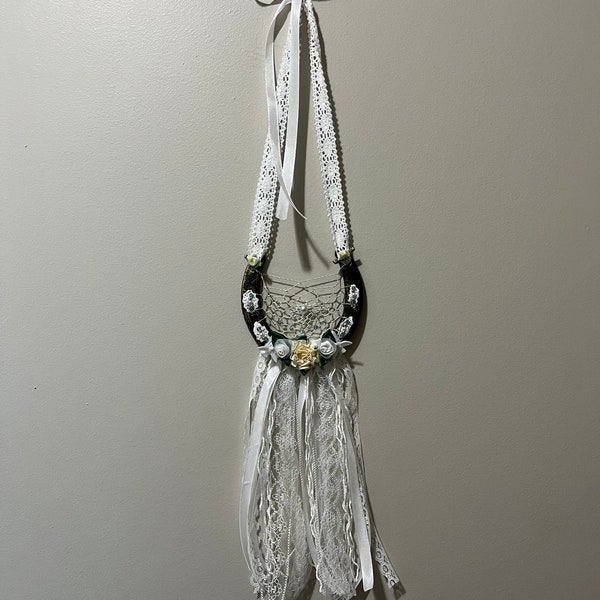 One of a Kind Horseshoe Dreamcatcher made with cast iron horseshoe, off white wedding