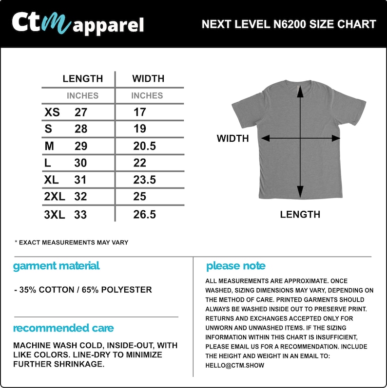 K&ouml;nnte beinhalten: Gr&ouml;&szlig;entabelle f&uuml;r Next Level N6200 T-Shirts, die die Ma&szlig;e in Zoll f&uuml;r L&auml;nge und Breite angibt. Die Tabelle umfasst die Gr&ouml;&szlig;en XS, S, M, L, XL, 2XL und 3XL. Die Tabelle enth&auml;lt auch Informationen &uuml;ber das Material des Kleidungsst&uuml;cks, das aus 35% Baumwolle und 65% Polyester besteht, sowie empfohlene Pflegehinweise.