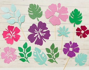 Leaves and Flowers Tropical Hawaii Cake Toppers Decorations ~ Set of 14