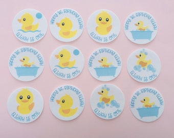 Happy 1st Birthday Rubber Duck Edible Cupcake Toppers PRE-CUT Wafer Card Cake Decorations