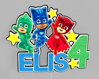 Personalised PJ Masks 3D Glitter Cake Topper with Age and Name Cake Decoration