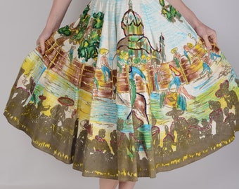 1950s hand painted border print Mexican Rodeo scenic souvenir circle skirt, True Vintage