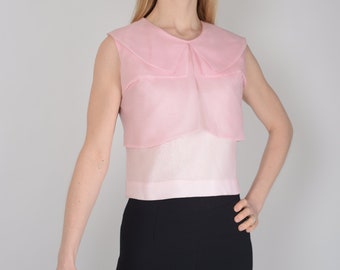 1950s pretty Soft Pink acetate layered shell blouse top with Peter Pan collar, XS, True Vintage