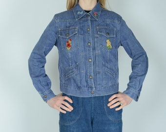 1970s embroidered denim jacket, western jacket, flower power, S, True Vintage