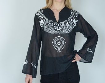 1970's Black embroidered kaftan, ethnic smock blouse, M, True Vintage