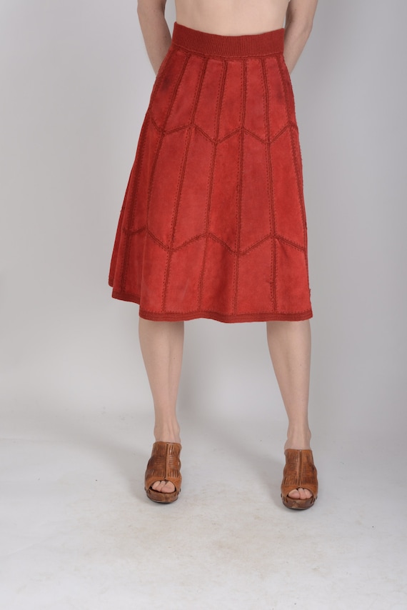 1970's Red suede leather crochet patchwork a-line… - image 1