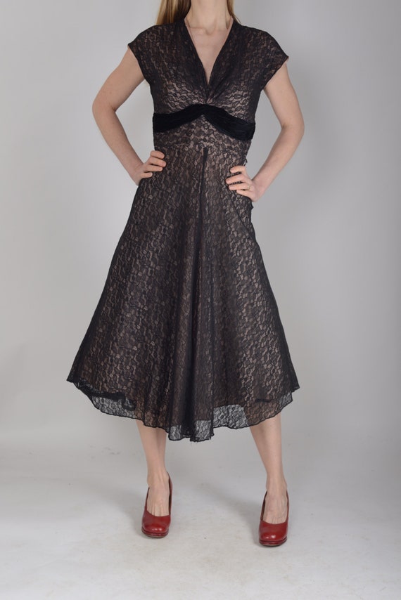 1950's Black lace illusion dress, S, True Vintage - image 6