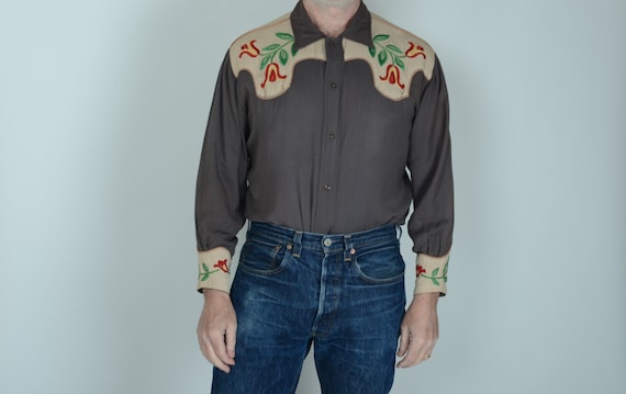 1940s gabardine embroidered western shirt, M, True