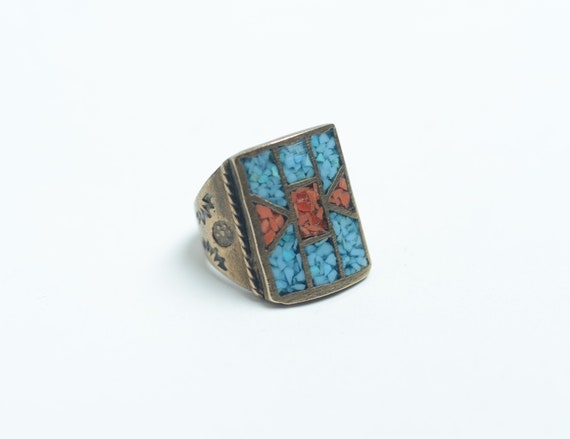 Rare Navajo Brass, Coral and Turquoise Native American ring,  True Vintage
