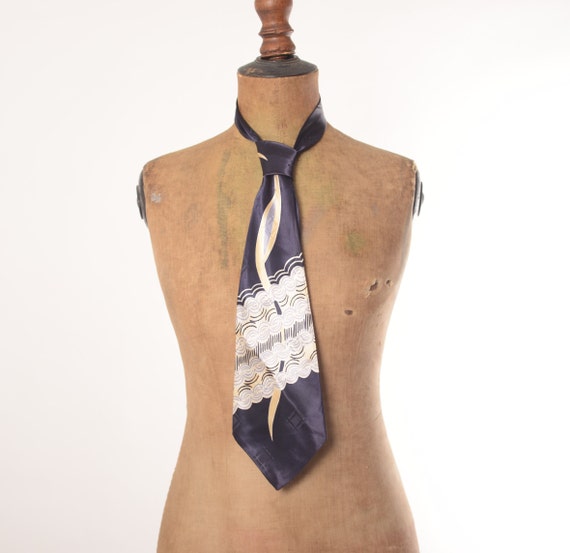 1940's Midnight Blue abstract print rayon tie, Lin