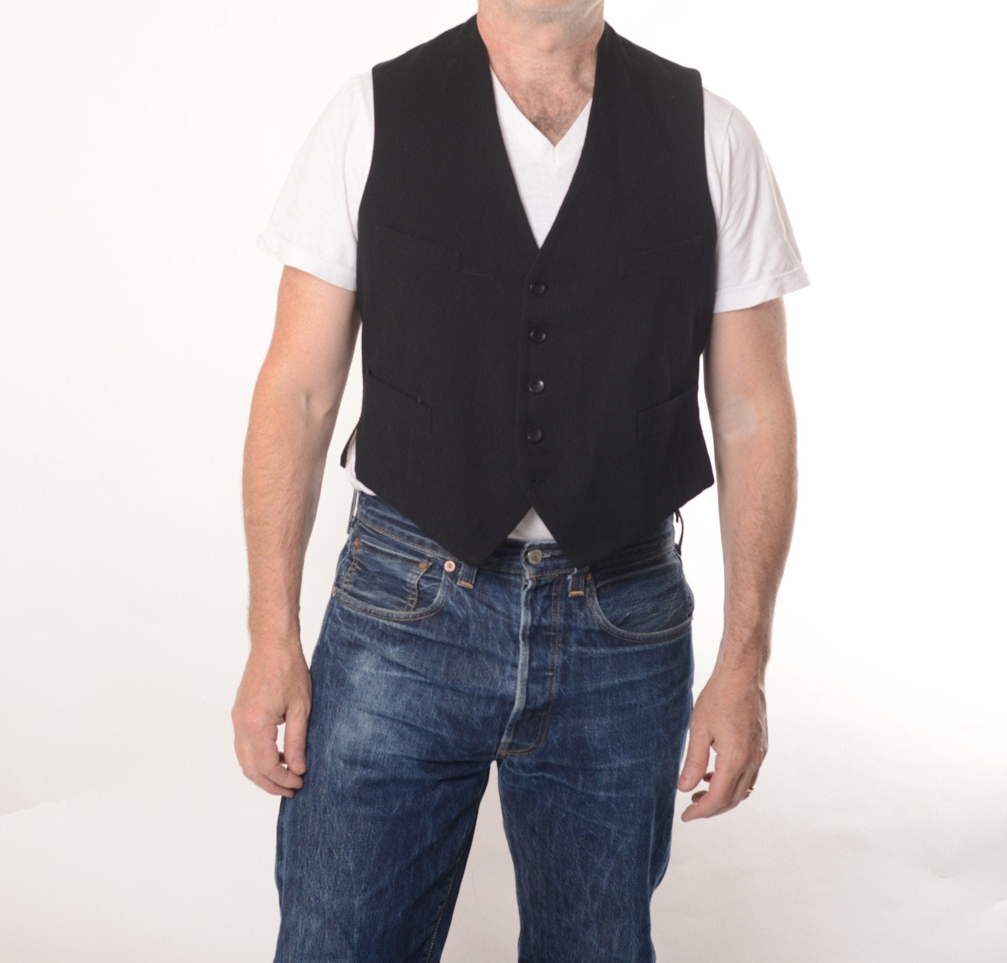 Image of 1920's Black Wool Waistcoat, Vest, 40", True Vintage
