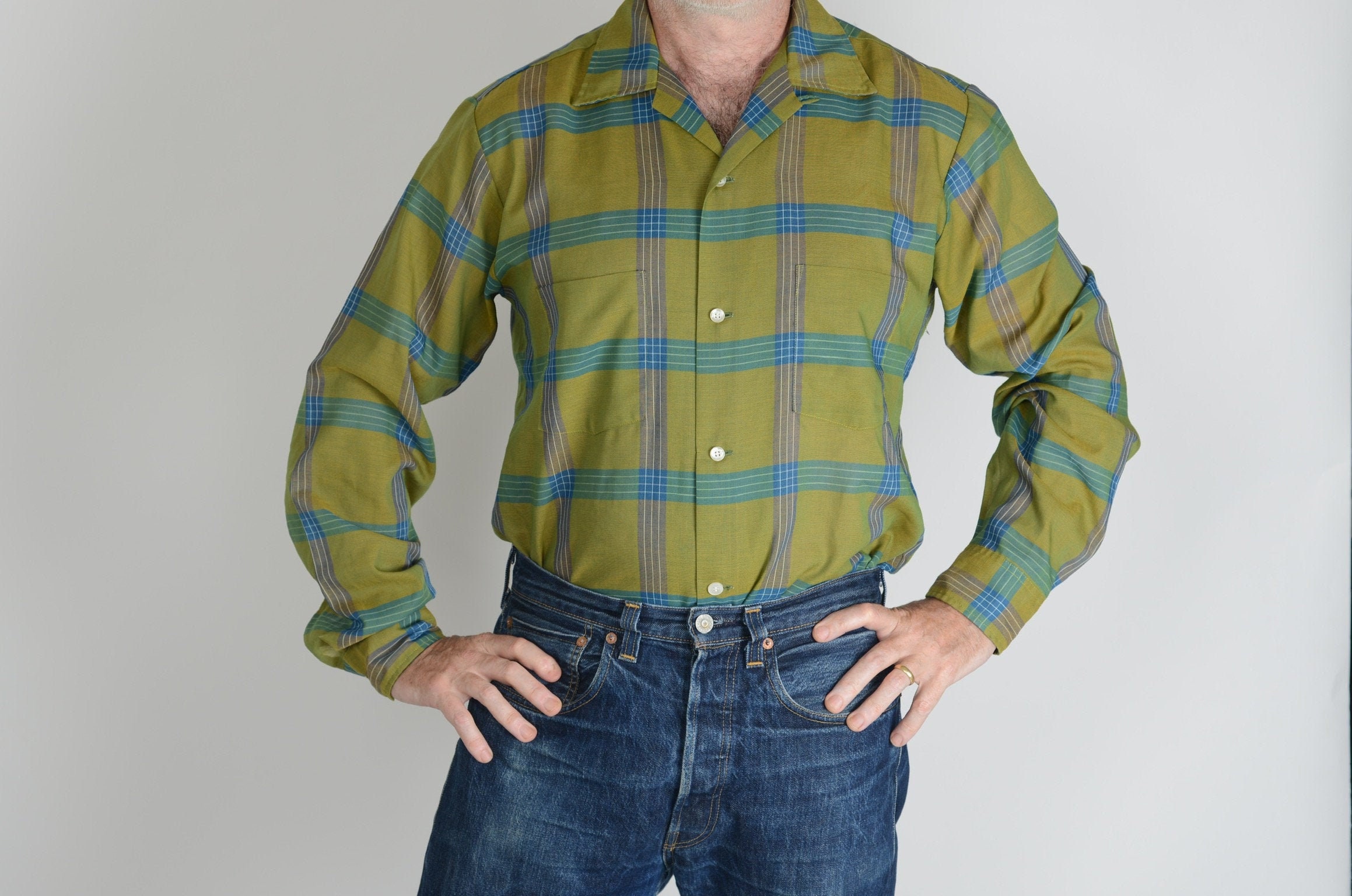 Image of 1960S Plaid Check Shirt, Penny’S Towncraft Loop Collar Western M/L, True Vintage