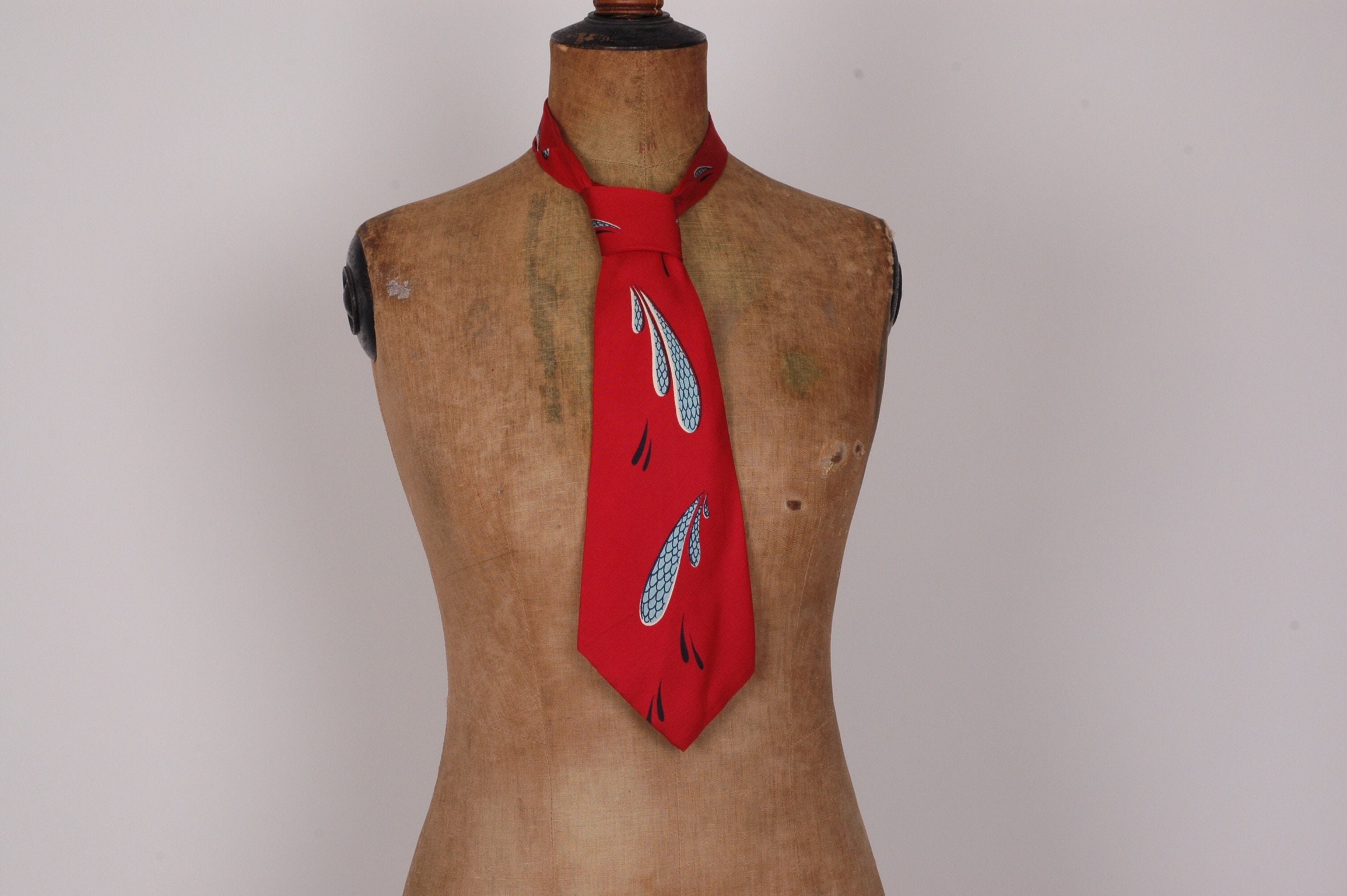 Image of 1940S Scarlet Print Silk Tie, Lindy Hop, Cravat, True Vintage