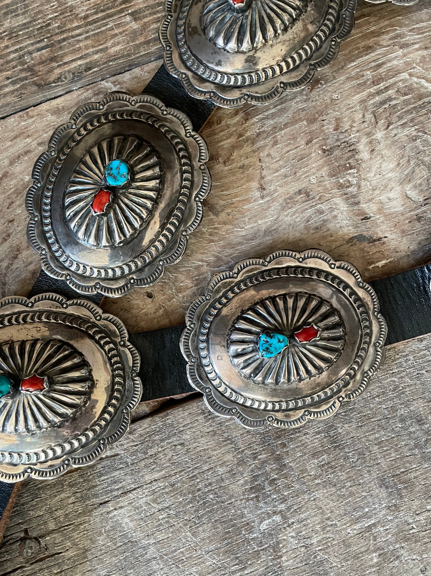 1970s Native American Silver, Turquoise & Coral Concho Belt 