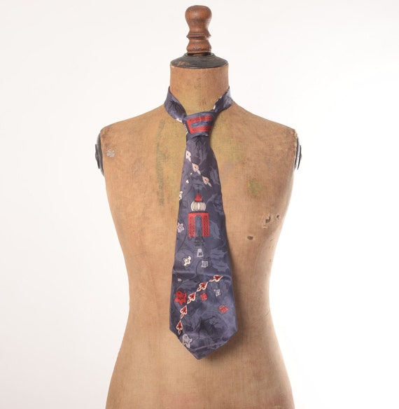 1940's Navy Blue Oriental print rayon tie, Lindy h