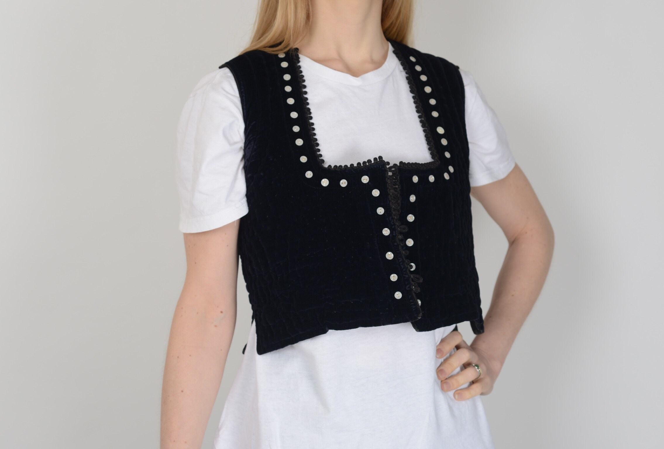 Image of Midnight Blue Velvet Bohemian Dirndl Top, Peasant Tunic, Ethnic Bodice, Boho Waistcoat, True Vintage