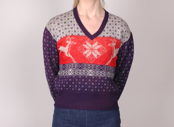 1940s virgin wool v neck sweater, picture knit, pu
