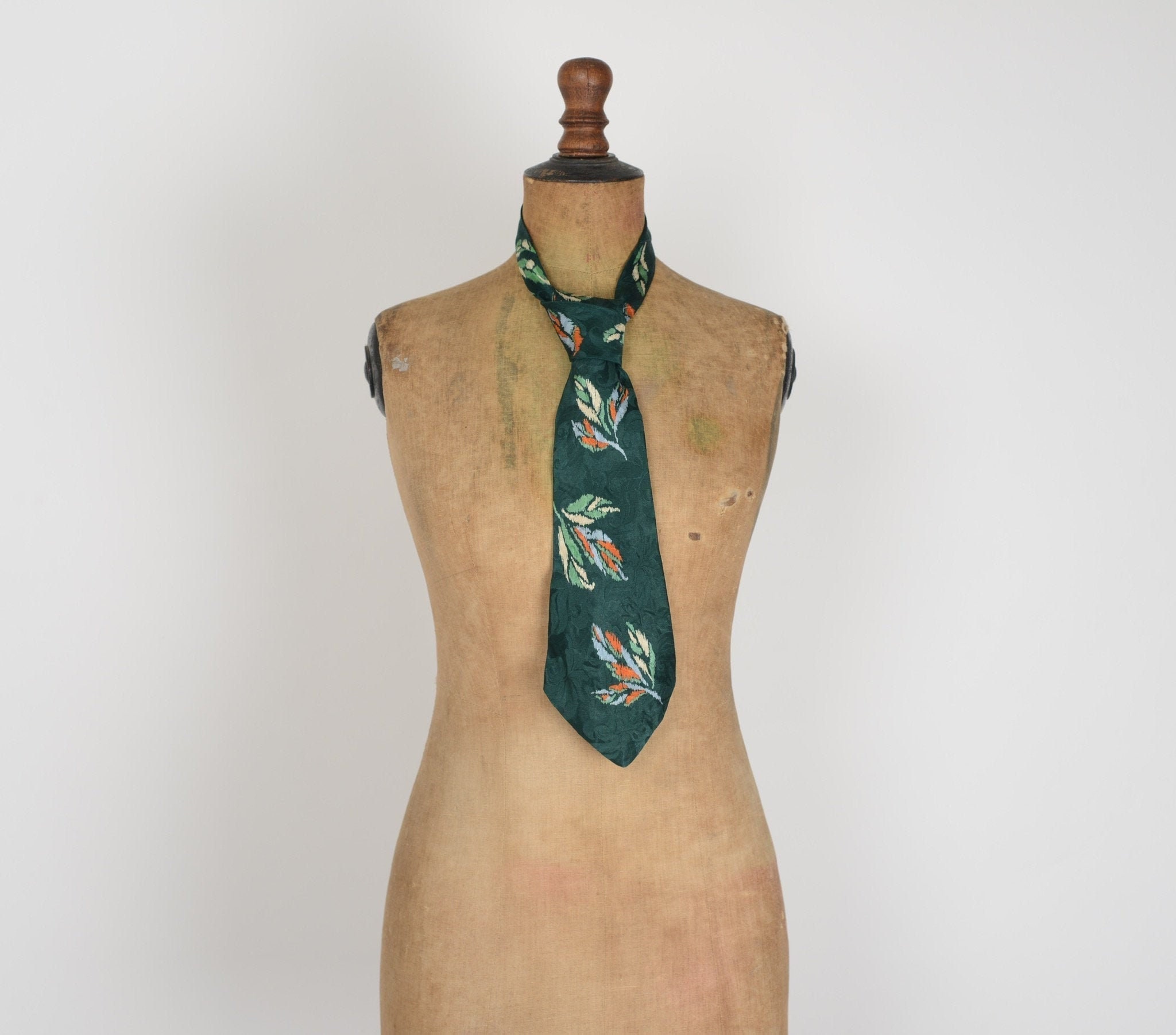 Image of 1940S Forest Green Print Silk Tie, Lindy Hop, Cravat, True Vintage