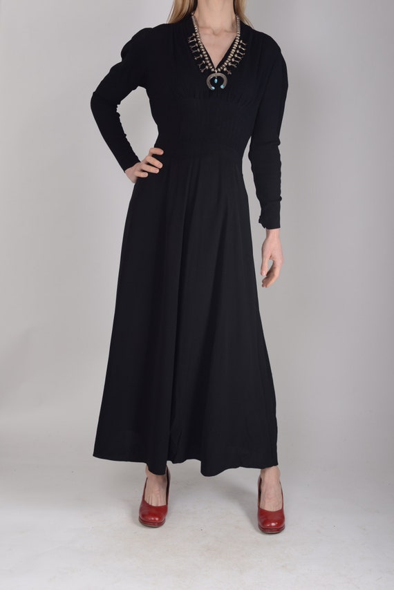 1940s Black crepe evening dress, evening gown, leg
