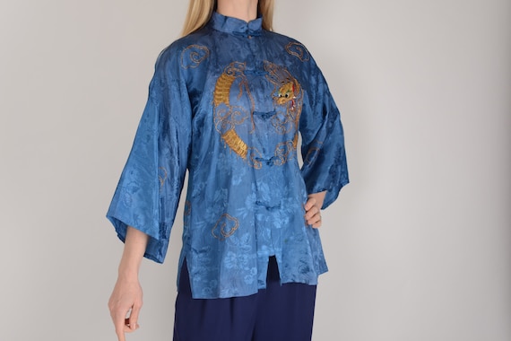 1940s Blue jacquard Dragon Chinese Changshen blous