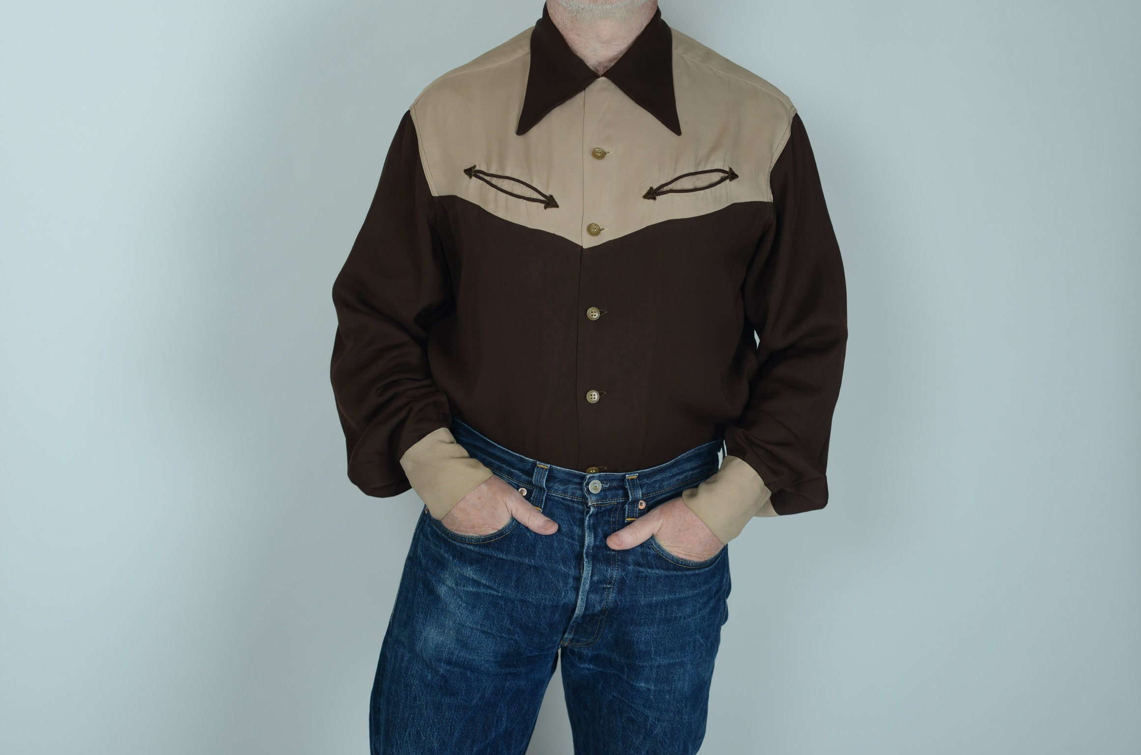 Image of 1940S Pilgrim Two Tone Gabardine Western Shirt, Xl, True Vintage