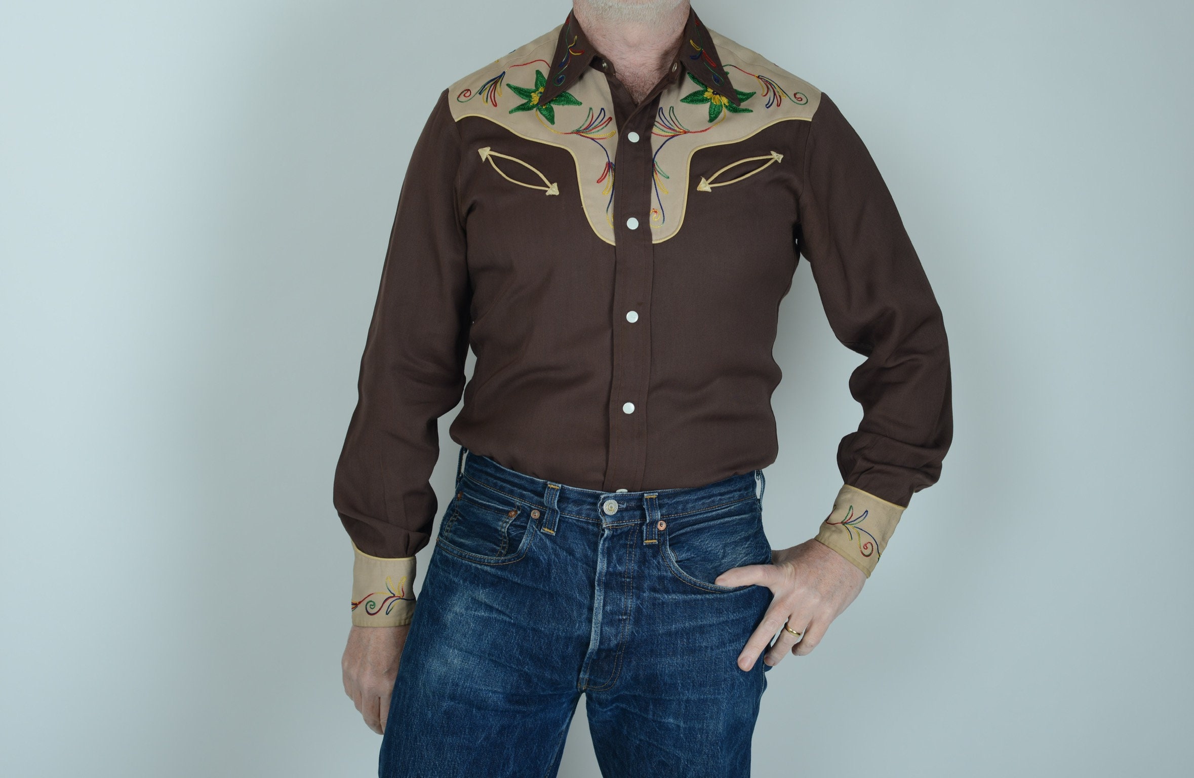 1940s Prior gabardine embroidered western shirt, M, True Vintage