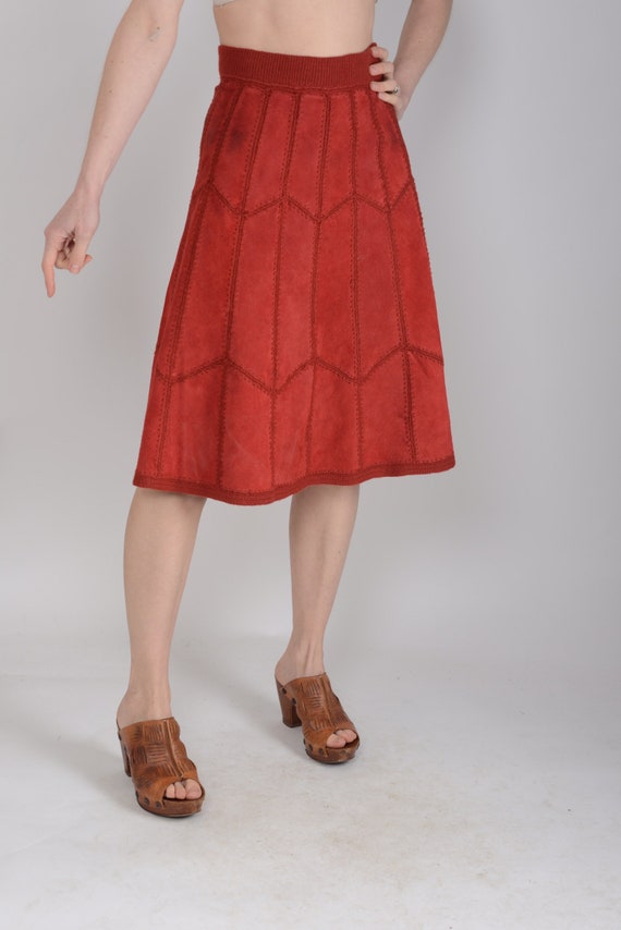 1970's Red suede leather crochet patchwork a-line… - image 2