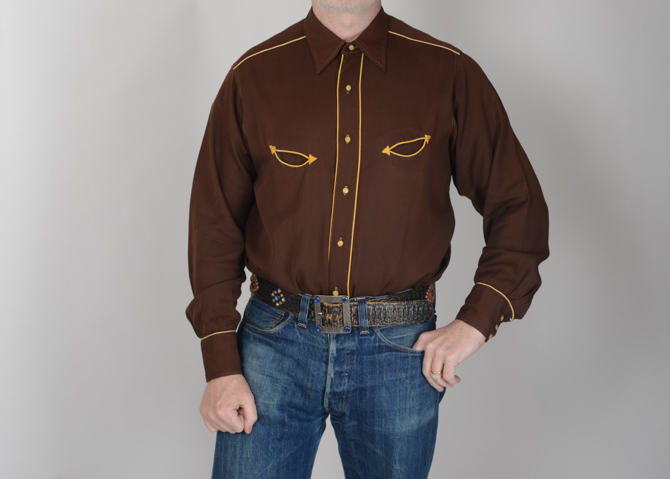 Image of 1940S Miller Piped Gabardine Western Shirt, 42", True Vintage