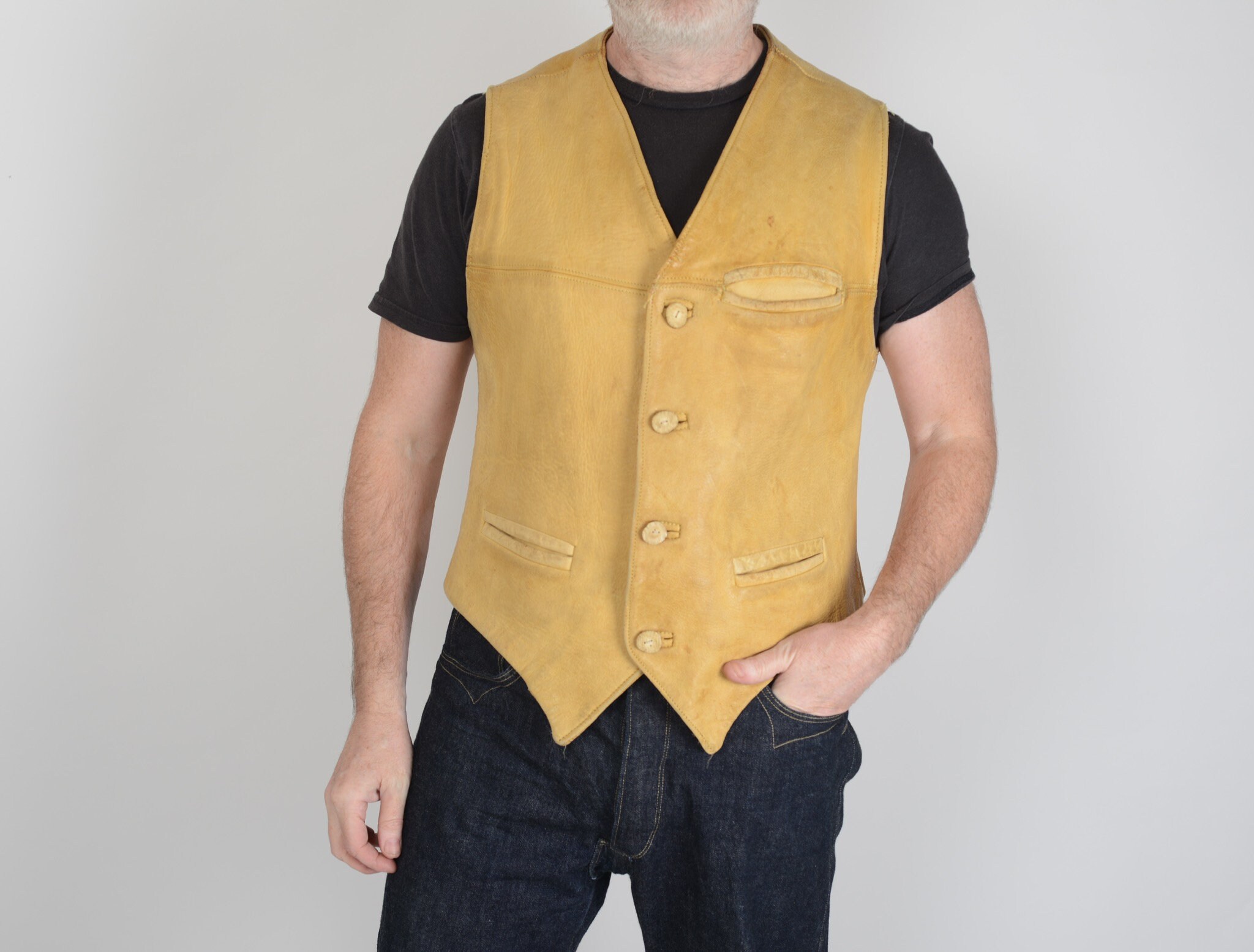 Image of 1970S Natural Leather Waistcoat, Vest, Western Wear, Biker, M/L, True Vintage