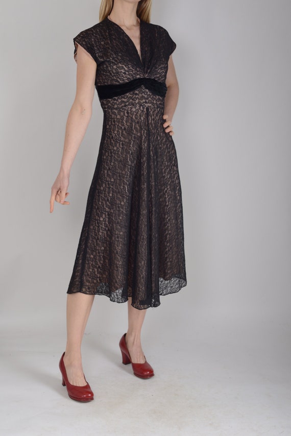 1950's Black lace illusion dress, S, True Vintage
