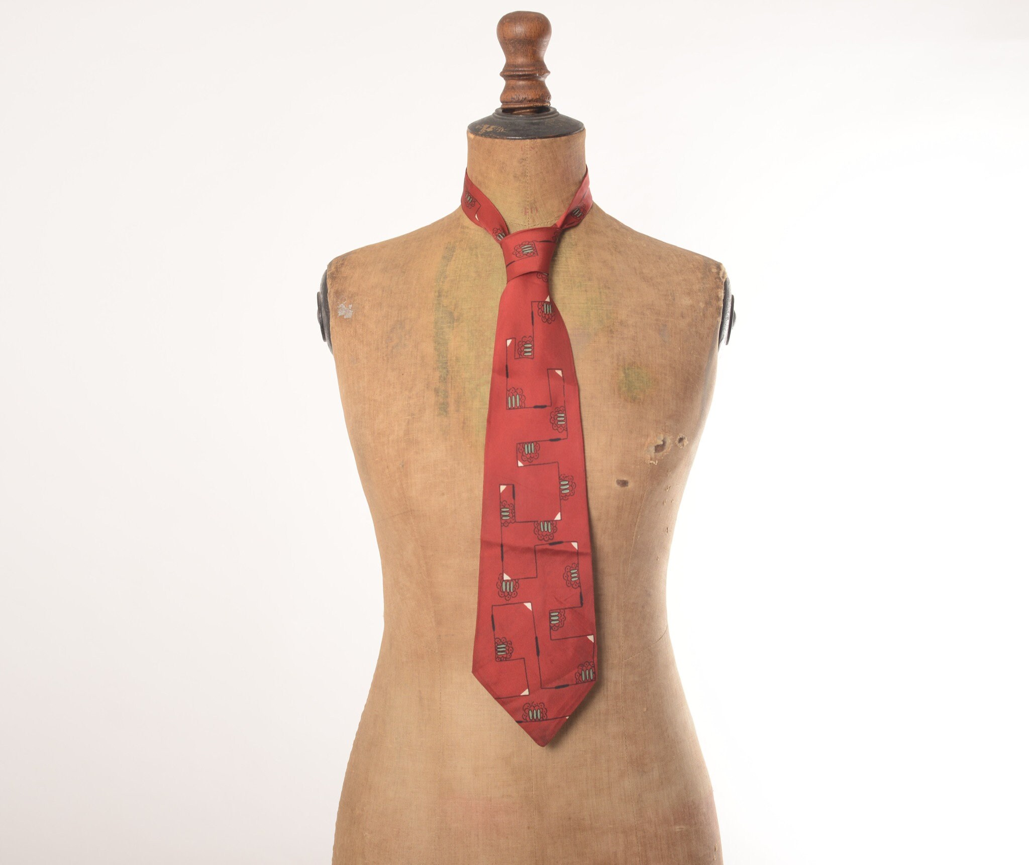Image of 1940S Claret Geometric Abstract Print Silk Tie, Lindy Hop, Cravat, True Vintage