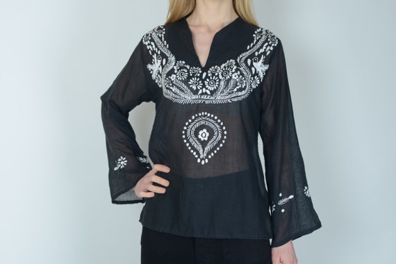 1970's Black embroidered kaftan, ethnic smock blo… - image 3