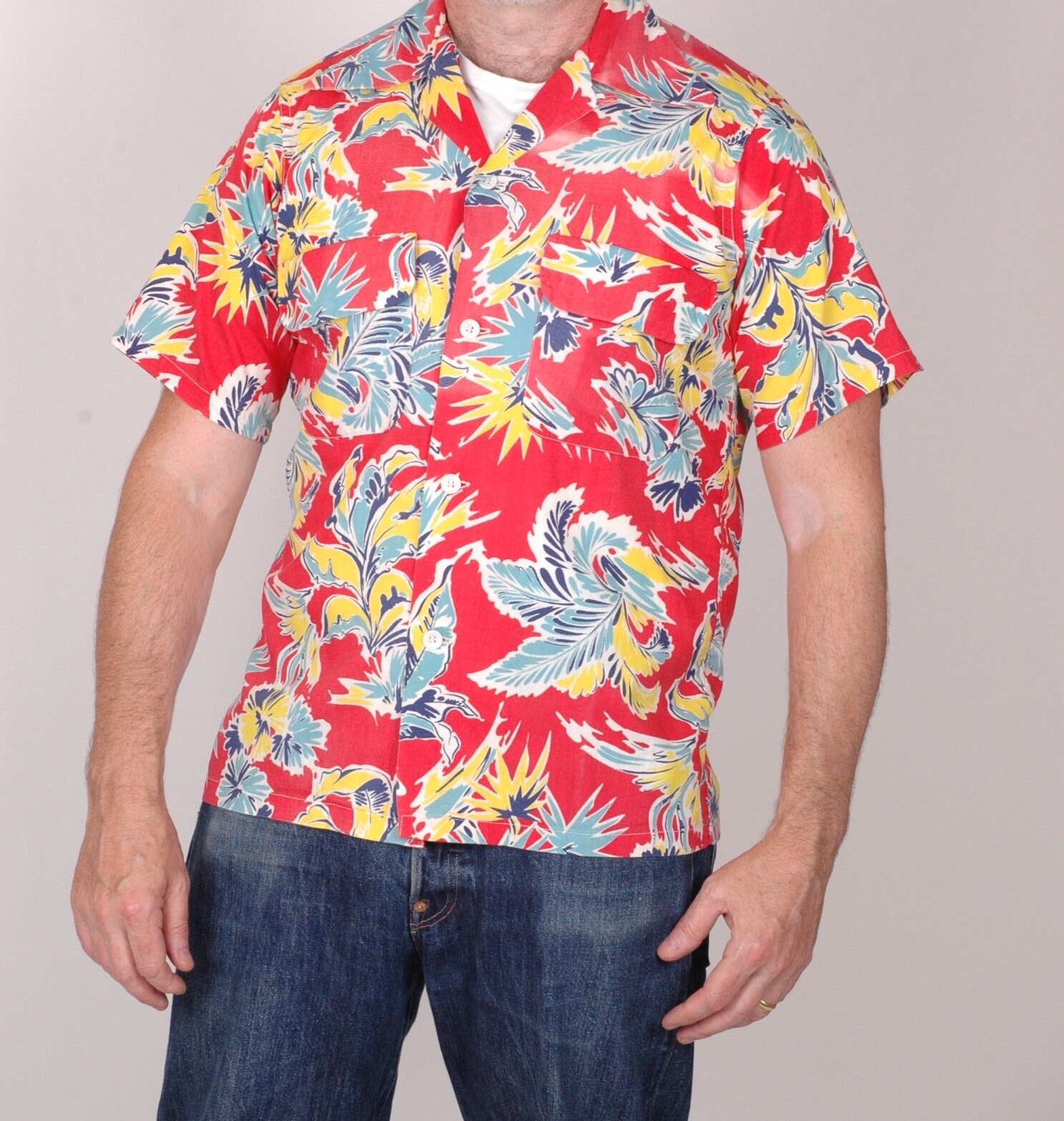 Image of 1950S Arrow Sanforized Hawaiian Print Shirt, Tiki S-M, True Vintage
